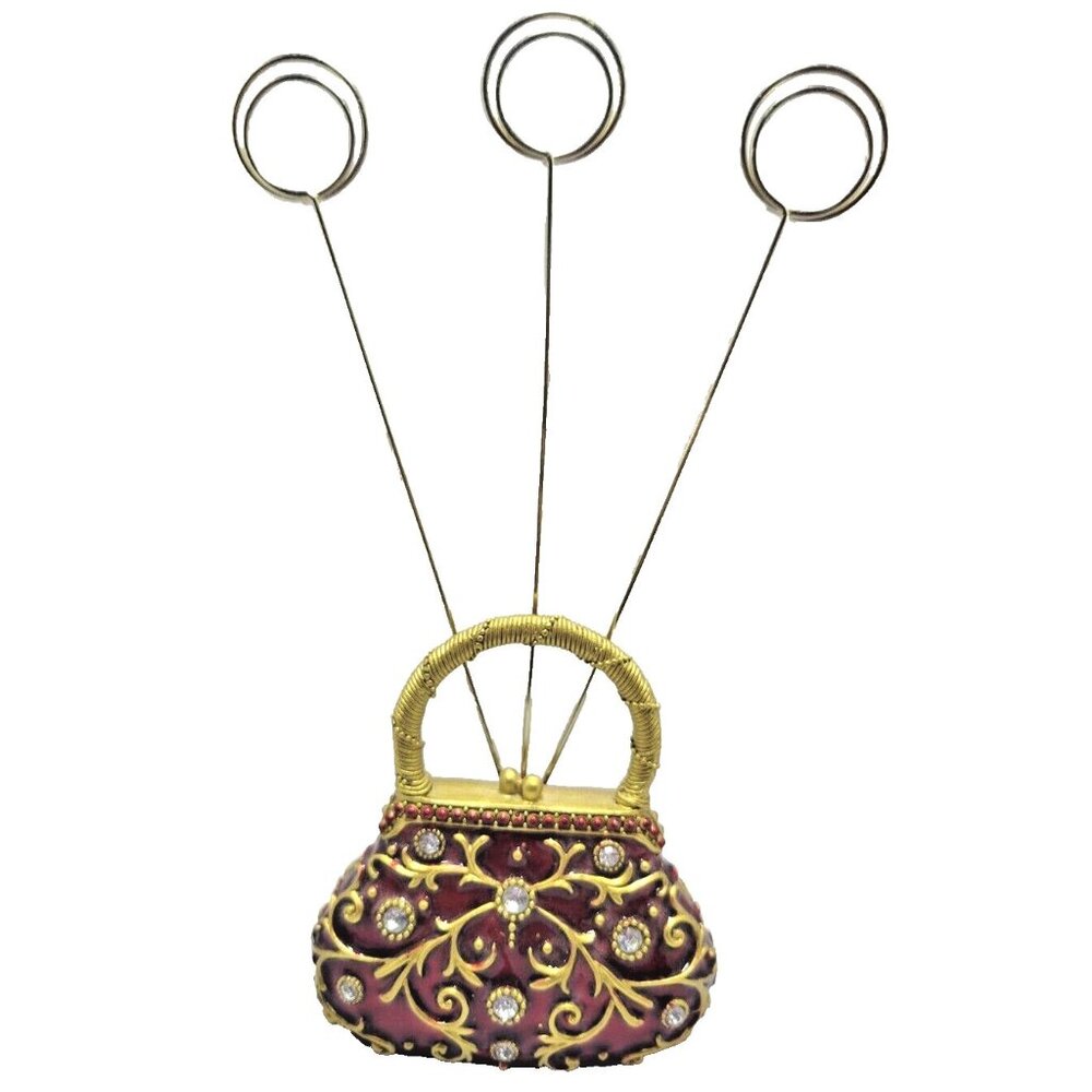 Enameled Jeweled Brass Card Memo Holder Photo Holder Desk Decor Paper Weight